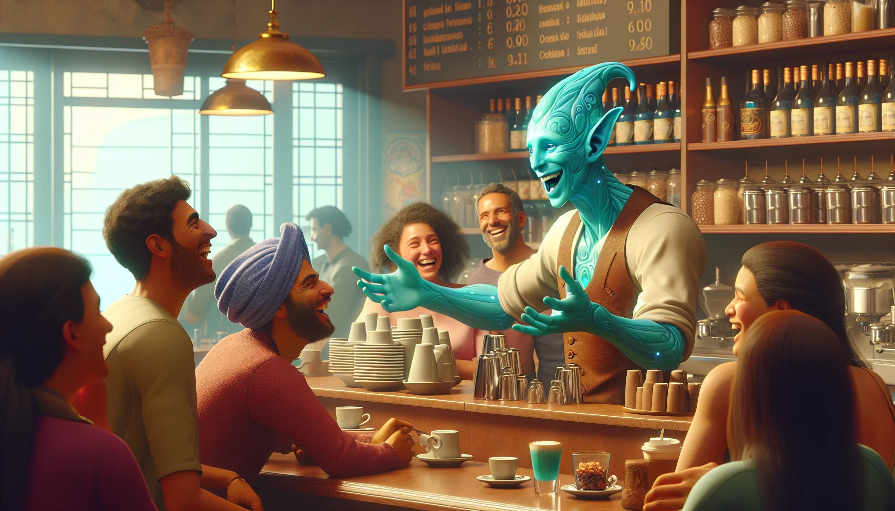 A lively scene set in a coffee shop. The star of this bustling setting is our barista, an aqua-colored humanoid figure with a distinct and commendable charm. Undoubtedly a being from a fantastical world, the barista gestures animatedly, creating scrumptious concoctions with a theatrical flair that elicits laughter and cheer from the crowd around. A diverse group of individuals, a Middle-Eastern woman, a Hispanic man, and a South Asian teenager, are held captivated by the barista's delightful antics. Each one is visibly enthralled, laughter lines evident around their eyes.