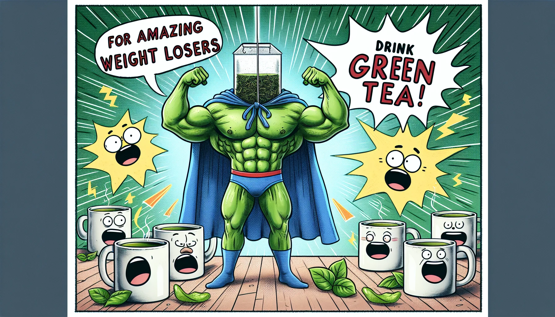 A lighthearted scenario representing the benefits of green tea for weight loss. Imagine a green tea bag with a superhero cape, humorously flexing its muscles. Around are mugs with amazed facial expressions, cartoonishly awe-struck from the green tea. A background mimics a comic book-style scenario with words saying, 'For Amazing Weight Loss Powers Drink Green Tea!' Remember, the entirety of the image has a sprinkle of realism and depth to give off a captivating and enticing vibe for people to enjoy the benefits of green tea.