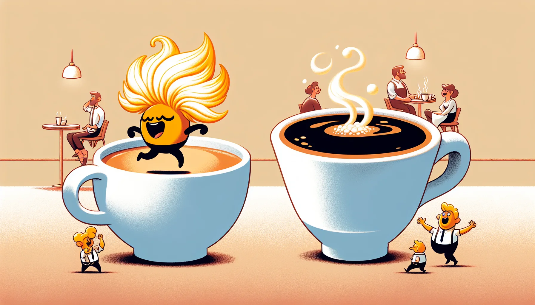 Create a whimsical image that brings humour to the world of coffee. Picture a scene in an average cafe with two gigantic coffee cups. Imagine, in the left cup, a cartoon figure of a boisterous blonde espresso, dancing and frolicking around the brim of the cup, its radiant warmth and frothy texture giving it life. On the right, depict a more sedate regular espresso, dozing off in its almost sluggish dark depth. Illustrate the contrast between the vibrant energy of the blonde espresso and the calmness of the regular espresso in a playful and enticing manner, tempting everyone to partake in their coffee adventure.