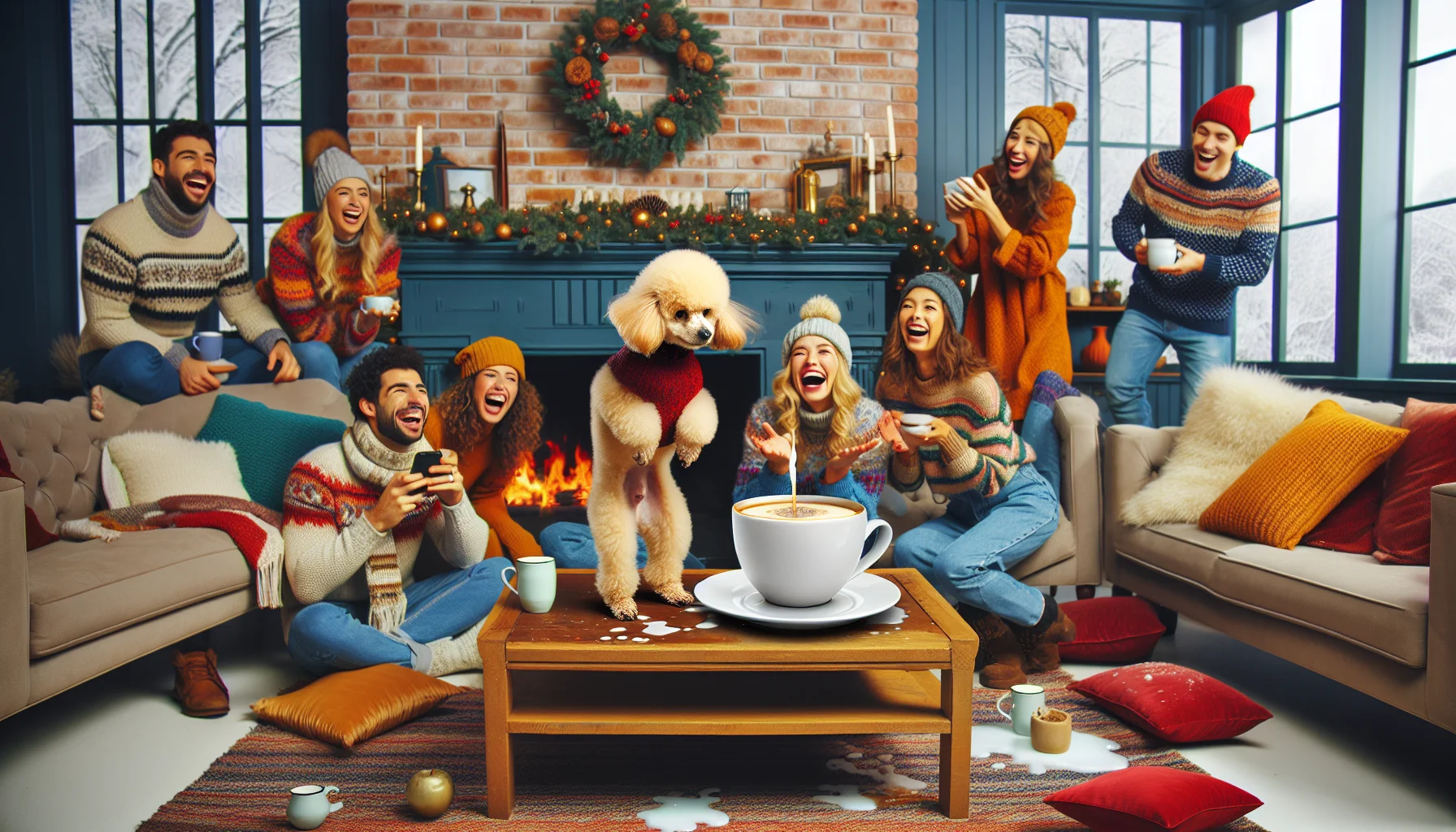 Create an amusing scene of a large living room on a cold winter day. It is well decorated with a cozy fireplace burning merrily delivering a comfortable heat. A cheeky blonde tan poodle is standing upright on hind legs on top of a coffee table trying to drink from a large cup of vanilla latte accidentally spilt on the table while people of various genders and descents relax on plush sofas laughing, pointing and taking pictures of the spectacle. They are all warmly dressed in colorful winter attire, their faces lit up with laughter and joy, enjoying the surprising and funny moment.