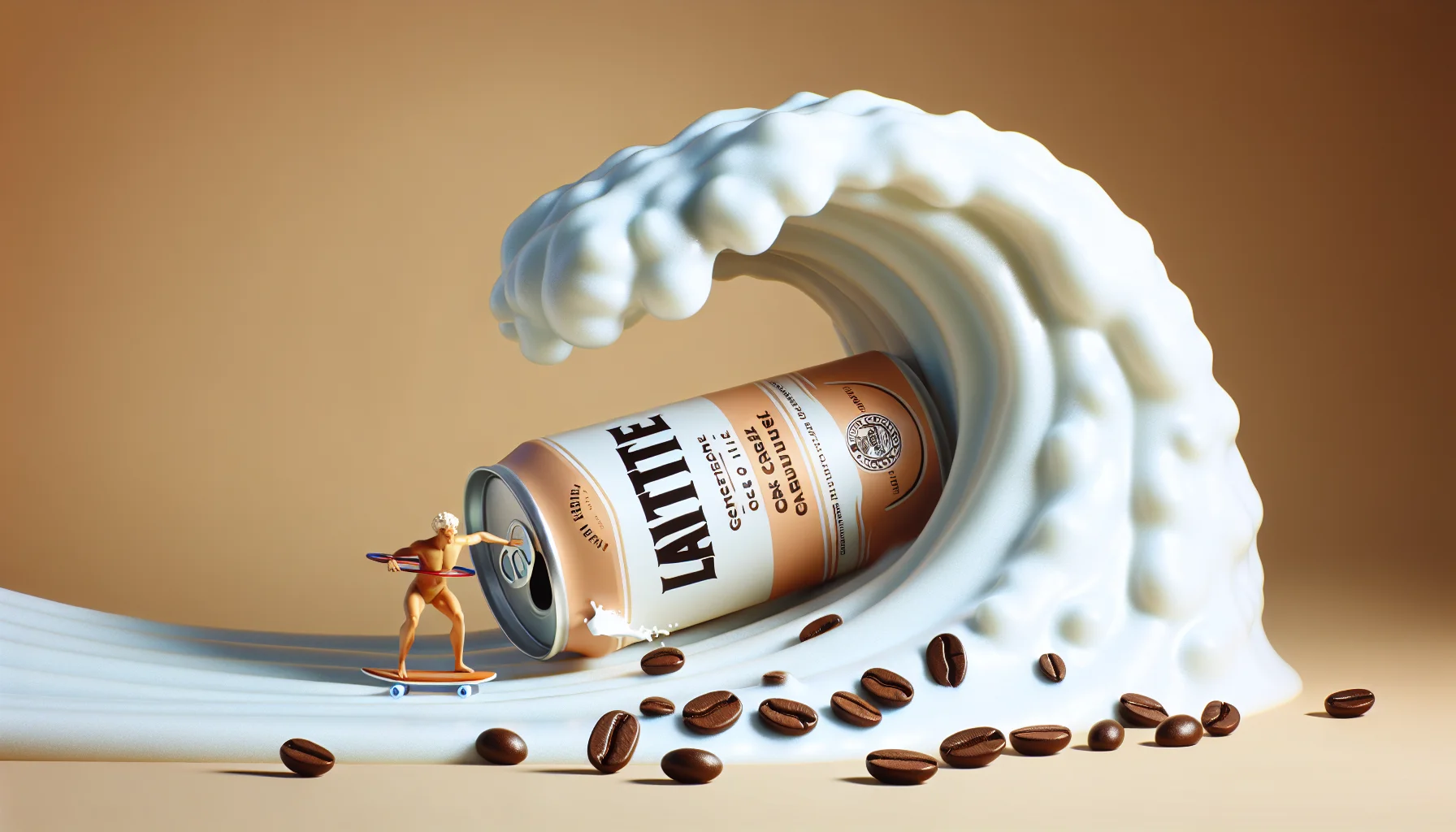 Generate a humorous, realistic scene centered around a can of generically-branded latte. Perhaps the latte is surfing a wave made of creamy froth, or maybe the can is hula hooping with coffee beans. The scene should be playful and lively, designed in a way that seems enticing and inviting to viewers, and makes them imagine the rich, satisfying taste of a good latte.