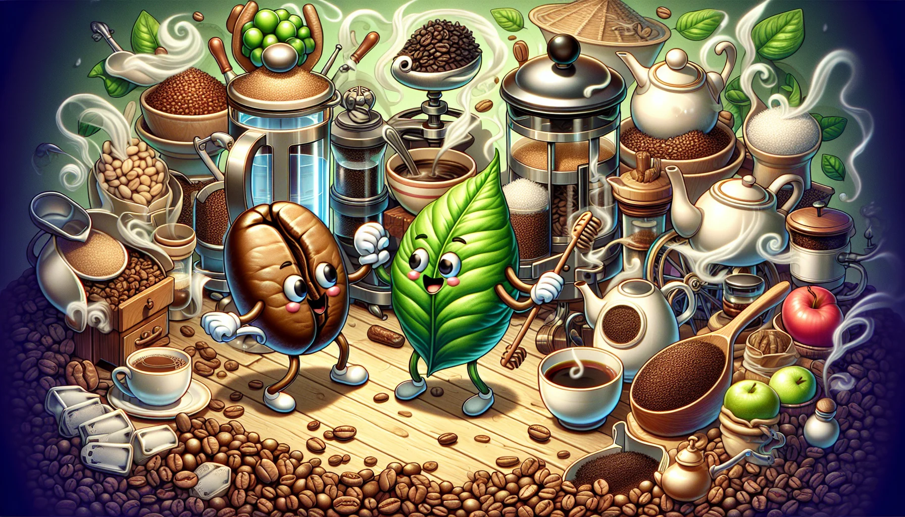 Generate a visual depiction of a whimsical and detailed scenario where a coffee bean and a tea leaf are seen in a playful interaction. The two prime ingredients of popular beverages seem to be enticing each other into a friendly brewing competition. Their surroundings are cluttered with a variety of brewing equipment such as a French press, a teapot, and an array of aromatic coffee and tea products. They have charming faces and appear to be having a grand time, making this scene irresistibly inviting for any tea or coffee connoisseur.