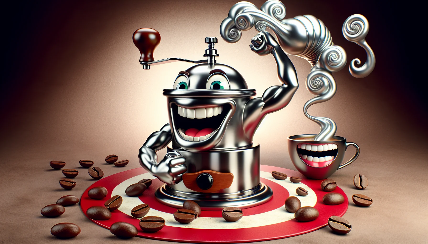 Imagine a realistic scenario featuring a shiny metallic coffee grinder seductively posing on a red bullseye target. This eccentric coffee grinder has anthropomorphic features, like flexed cartoonish arms showing its strength, and a bright, wide smile oozing confidence. Surrounding the scene, there are laughing coffee beans enjoying the spectacle, their faces showing immense enjoyment. Intricate steam wafts from a nearby cup of freshly brewed coffee, forming playful curly patterns in the air. All elements are bathed in a warm, inviting light, enticing viewers to savor the joy of coffee.