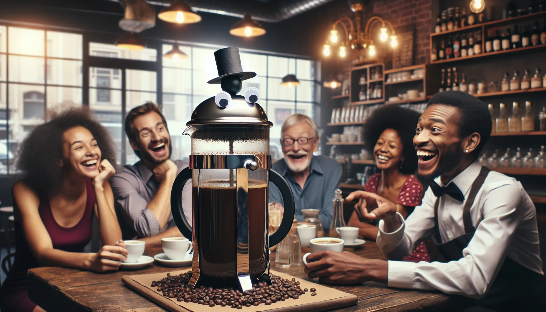 Generate a humorous and realistic image of a French Press. Set the scene within a coffee shop. The French press could be 'dressed up' in a comedic manner, perhaps sporting some small googly eyes, a big paper bow tie, and balancing a tiny top hat at its handle, capturing the attention of a room full of casting off waves of delicious coffee aroma. A group of diverse individuals, including, a young Caucasian female barista watching the sight with amazement, a middle-aged Black male customer chuckling at the sight, and a South Asian elderly man, are all delighted by the amusing sight. The warm, inviting atmosphere of the coffee shop is filled with laughter and joy, spreading the message of the enjoyment that comes with using a French Press.