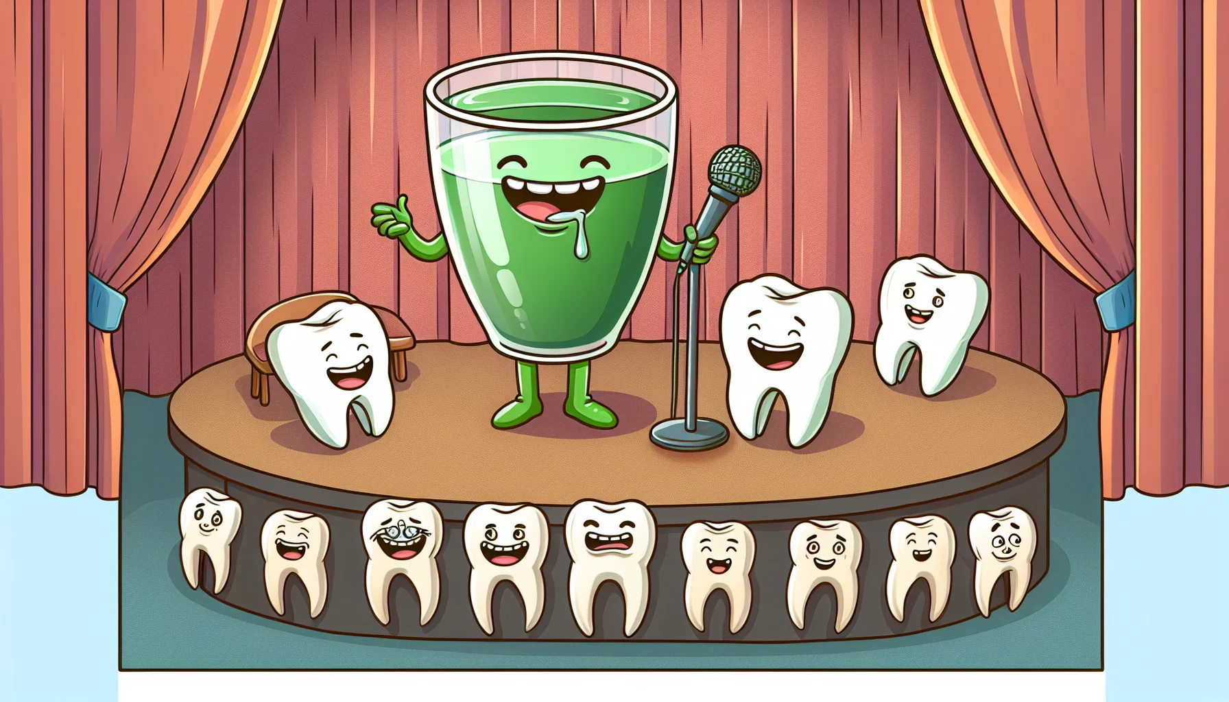 Illustrate a humorous scene where a cup of green tea is standing on a stand-up comedy stage, microphone in hand, telling jokes to an audience of human teeth of various descents. Some of the teeth are showing slight green tint of stains, but they all have cheerful expressions. This scene should be light-hearted and playful, subtly promoting the enjoyment of green tea despite its potential to lightly stain teeth.