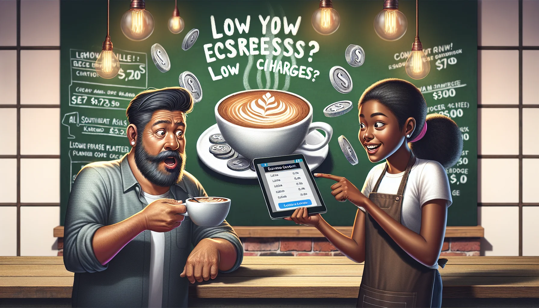 Create a whimsical and realistic image, featuring two characters humorously discussing the advantages of low charges for opening an espresso demat account. The first character is a Southeast Asian middle-aged man, dressed in casual clothing, drinking his espresso and looking surprised at the low-cost charges. The second character is a Black young adult woman barista, holding an iPad displaying the affordable charges, with a confident and persuasive smile on her face. The coffee shop setting is lively and vibrant with illustrations on the chalkboard behind them depicting a giant espresso cup and a small pile of coins symbolizing low charges.