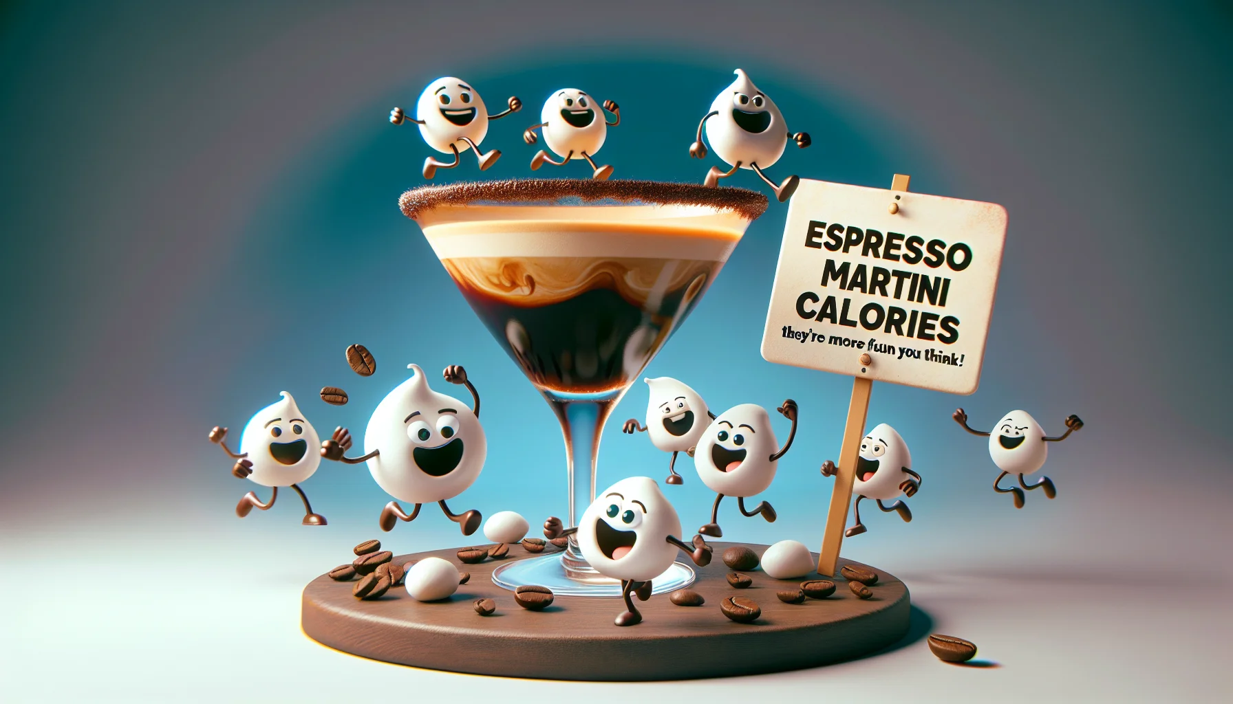 Create a humorously enticing image revolving around the theme of espresso martini calories. Imagine an animated cartoon style scene where a group of playful calories are personified as fun characters. They're jumping joyously, mid-air, out of a well-made espresso martini glass, inviting people to enjoy. You see an espresso martini in the center, its deep brown liquid swirling artistically in a clear glass border mounted with coffee beans on the rim. In the foreground, a neutral color humoristic sign reads 'Espresso Martini Calories - They’re more fun than you think!'