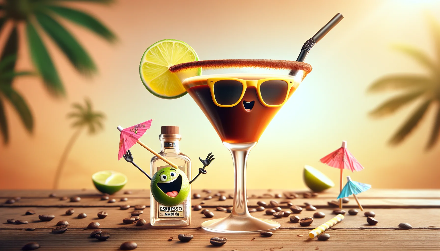 Craft a humorous yet realistic scene with an espresso martini composed of tequila right in the center. The martini wears yellow sunglasses, illustrated as if it had a happy, inviting face. On the side, a lime slice acts as a little companion, humorously trying to climb the glass. The background is lively with soft, warm colors symbolizing a festive setting, while playful cocktail umbrellas scattered around the scene add to the party vibe. The whole image should radiate a vibrant, attractive aura, encouraging people to partake in the joviality.