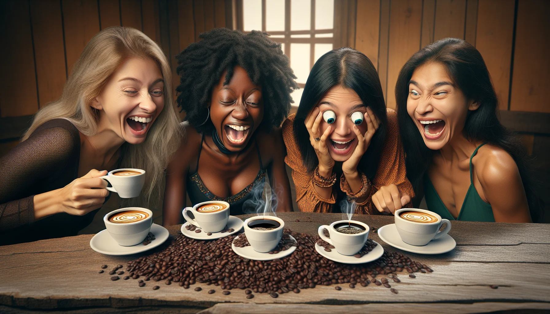 Create a humorous and realistic scene featuring four women of different descents: Caucasian, Black, Hispanic, and South Asian. Each of these women is a sister, joyfully participating in a novel coffee tasting ritual. They would be gathered around a rustic wooden table in a brightly lit room. On the table, they have four steaming cups of espresso made from dark roasted beans. One of the women, desperately in need of caffeine, oversizes her eyes comically at the sight of coffee. This image should emanate warmth and camaraderie, encouraging viewers to embark on their own coffee adventures.