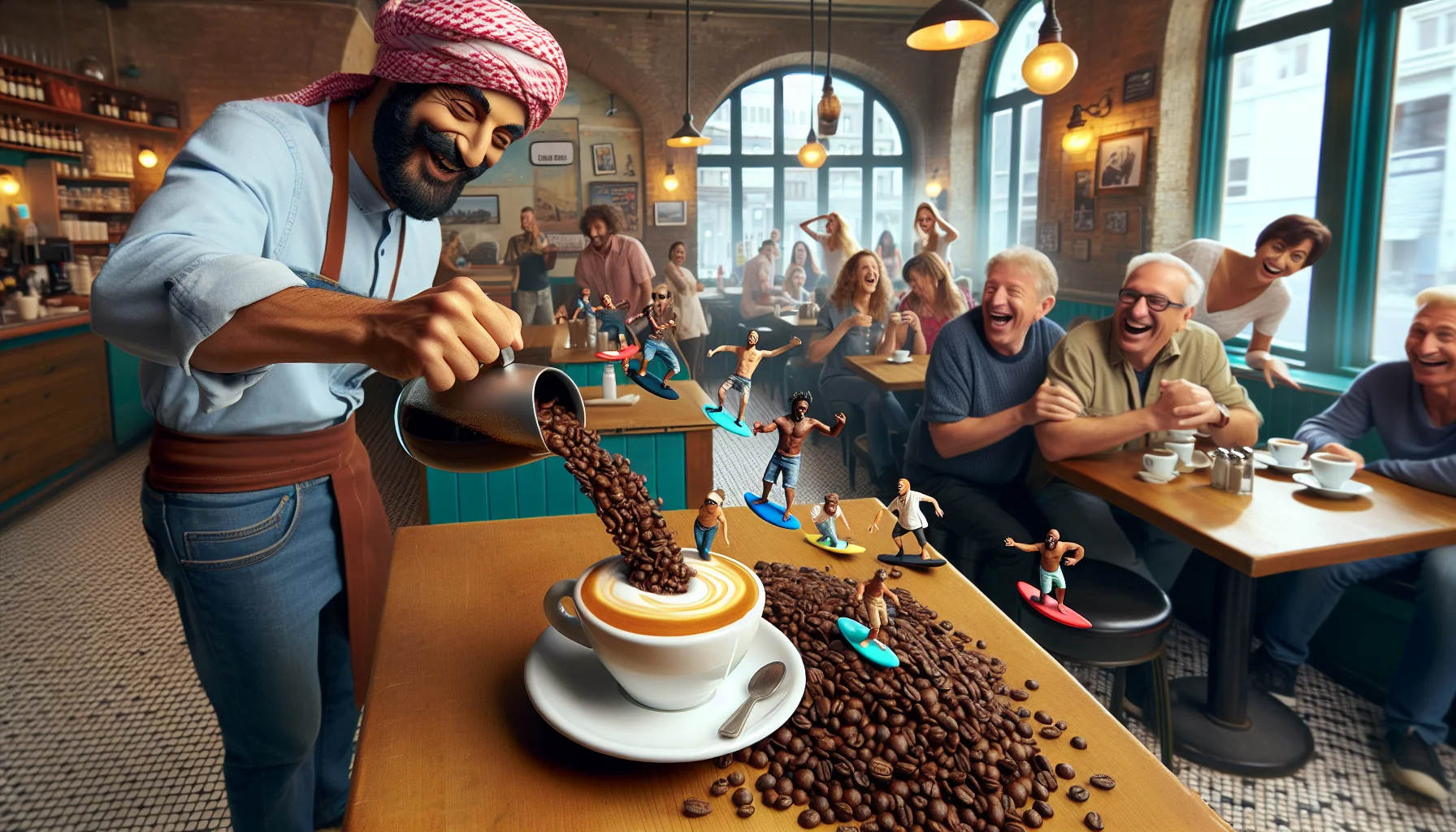 Imagine a humorous scene set in a bustling downtown café. The barista, a playful, Middle-Eastern man, is pouring a shot of hot beans espresso into a cup. Suddenly, the espresso turns into a group of miniature beans jovially surfing on the flow of the coffee. The patrons, a mix of Caucasian, Hispanic and Black men and women, watch in surprise and laughter as these surfing beans make their way into the cup. The tables, decorations, and atmosphere hint at a place perfect for fun and relaxation. The feeling entices people to enjoy their coffee.