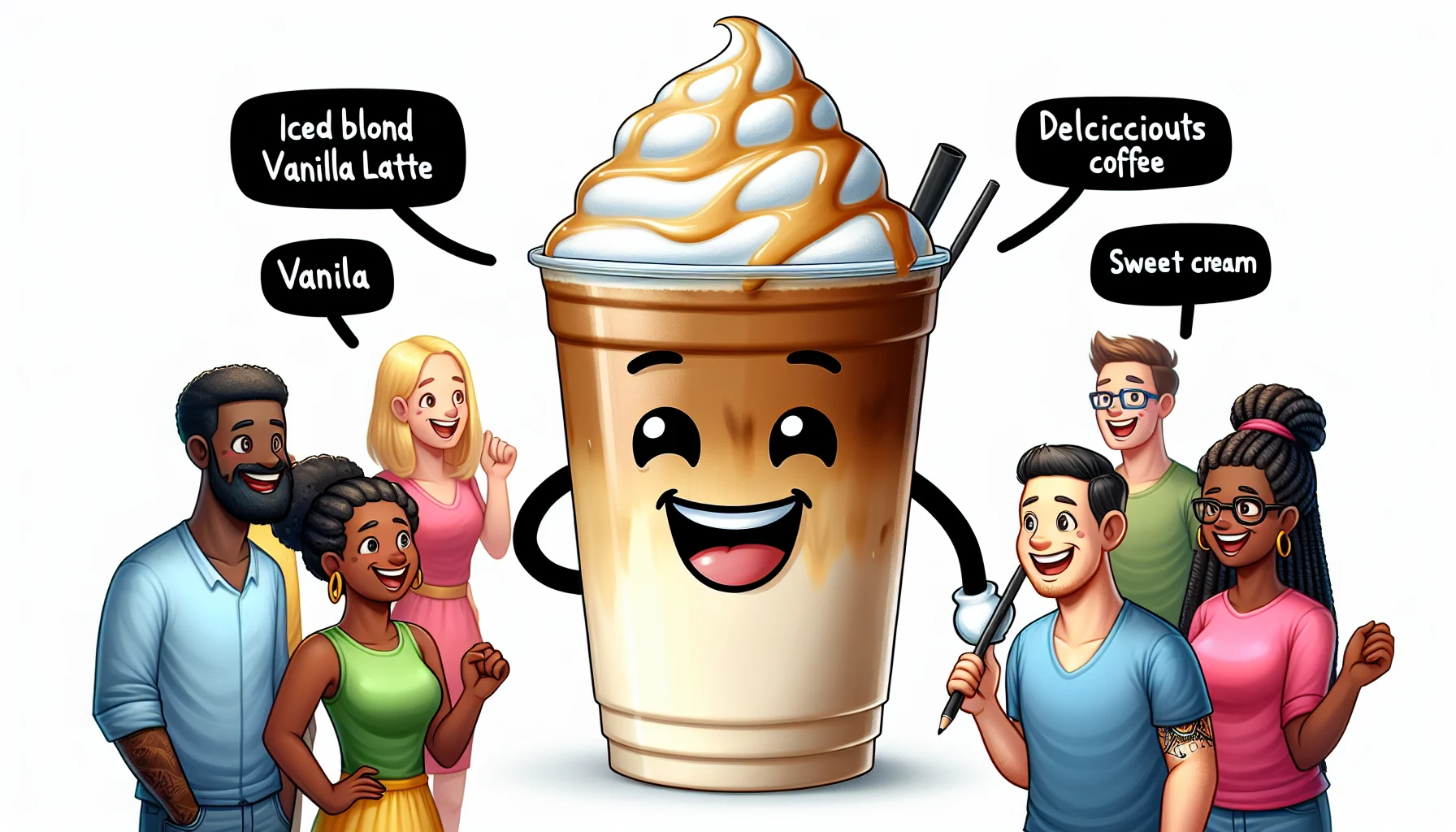 Paint an amusing scene where an iced blonde vanilla latte—tall and frosty, with a blend of light, delicious coffee, vanilla, and sweet cream—interacts humorously with humans. The latte wears an endearing smile on the froth, inviting people around to taste its delightful flavors. Humans, of varying descents like Hispanic, Asian and Black, and genders, male and female, are completely enamored, their eyes wide with anticipation and their lips twitching into laughter at the sight of this lovable anthropomorphized latte.