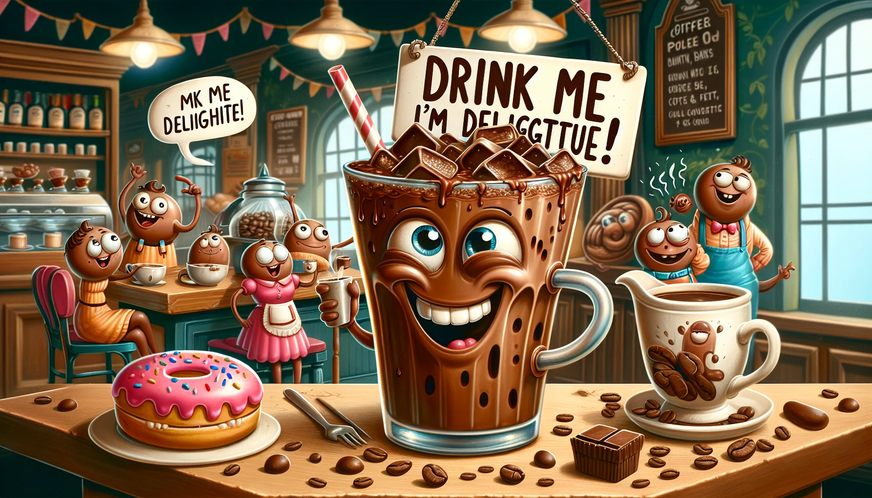 Humorous image of a large cup of iced mocha, set in a charming café scene. The iced mocha is anthropomorphized with wide eyes, quirky grin and holding a sign that reads 'Drink me, I'm delightful!'. The surrounding scene hums with laughter, as other café items like pastries and coffee beans also come to life, featuring expressive faces displaying a variety of playful emotions. The overall visual narrative aims to elicit a cheerful and inviting feeling, encouraging viewers to indulge in the joy of savoring a delicious iced mocha.