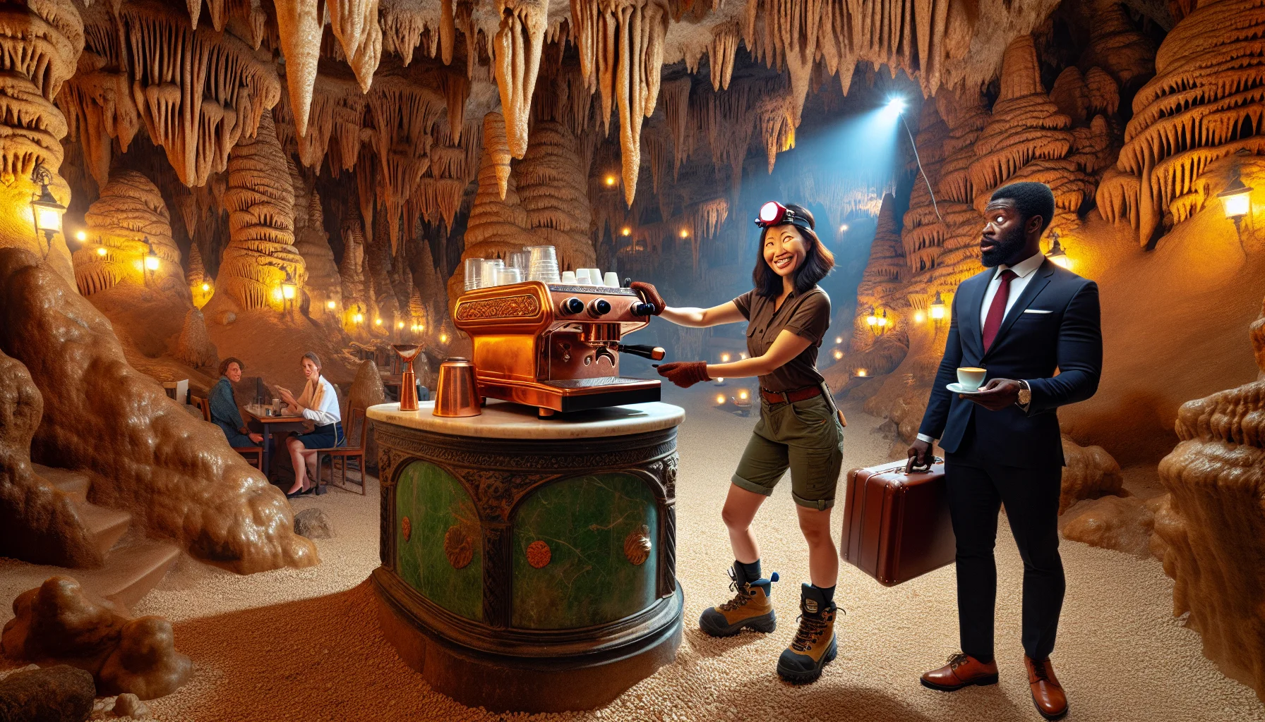 Immerse yourself in a unique and humorous scene unfolding underground. Enter a Byzantine-style cavern, boasting natural stalagmites and stalactites, lit by a warm glow of hanging lanterns. In the heart of the grotto, a South Asian female barista deftly handles an antique copper espresso machine, her smile bright and inviting. Bemusement arises from her casual attire of hiking gear and a headlamp, contrasting with the sophisticated atmosphere. Nearby, a surprised black male customer, clad in his business suit and clutching his briefcase, curiously observes his coffee being prepared in such novel setting.