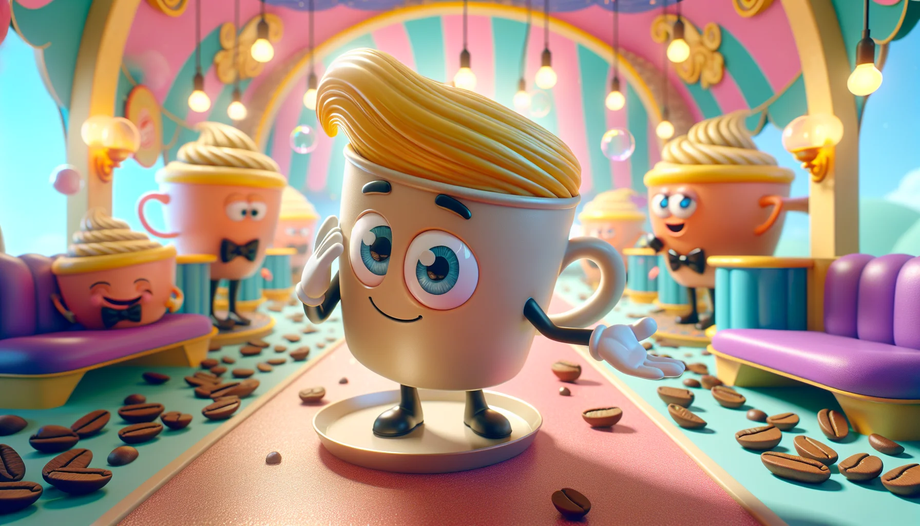Create a highly detailed and realistic image of an anthropomorphized cup of blonde espresso. It is showcasing a hilarious twist as it acts out an inviting gesture, similar to a waiter bowing, to encourage people to enjoy its contents. In the background, there is a colorful, whimsically stylized coffee shop setting with other anthropomorphized coffee cups of different shades engaged in similar amusing activities. The environment has soft lighting and it's filled with floating coffee beans and bubbles creating a cheerful and light-hearted ambiance.