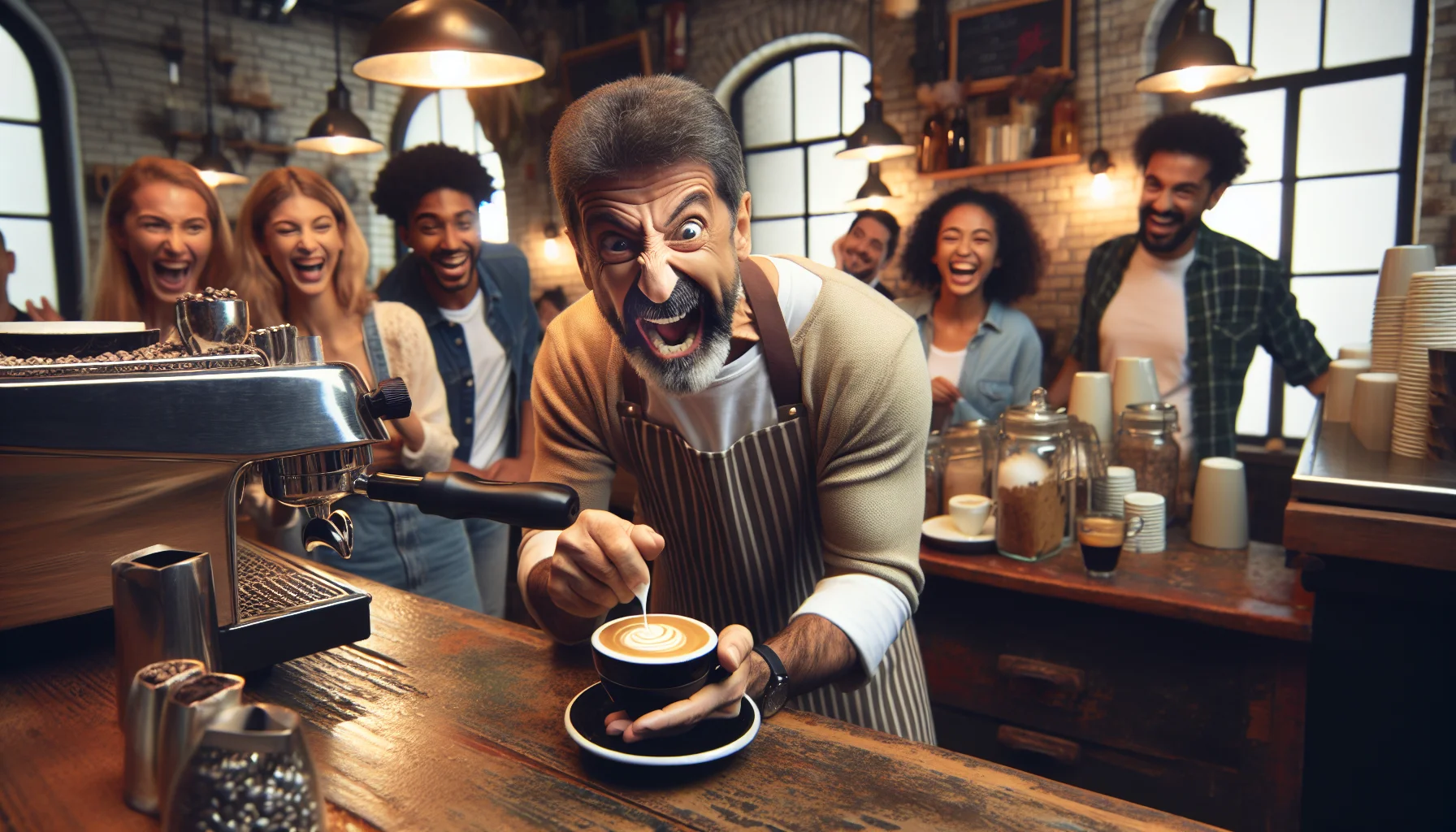Create an image of a barista with a charismatic personality,catching attention in a humorous way. The barista, a middle-aged man of Middle-Eastern descent, stands behind the counter of a quaint, rustic coffee shop. He's making an overly-exaggerated face while swirling foam on an espresso, pretending it's a complex science experiment. The customers, a diverse mix of people of various descents and genders, are laughing at his antics. There's a sense of warmth, fun, and camaraderie. Put a spotlight on the humorous interaction, highlighting how his joke enlivens the atmosphere, enticing people to join in the fun and enjoy their coffee.
