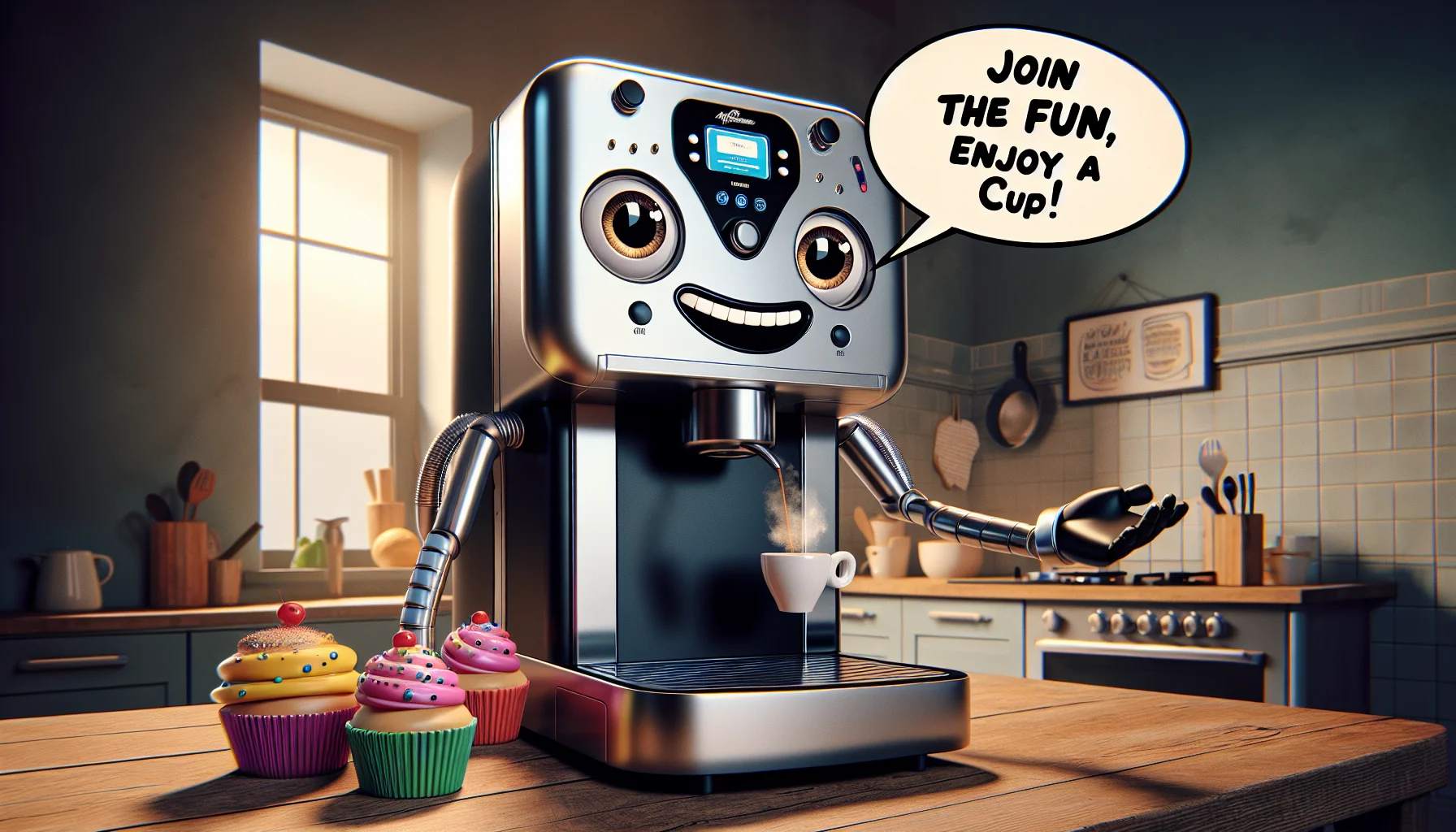 Create a whimsical, hyper-realistic image of an advanced espresso machine standing proudly on a kitchen counter. It has expressive, anthropomorphized features, including gleaming eyes and a broad, inviting smile. The machine's 'arms' are outstretched, presenting a fresh cup of espresso with visible steam wafting up from it. Overhead, the words 'Join the fun, enjoy a cup!' are humorously displayed in a comic-style speech bubble. To add a playful tone, place an array of colorful cupcakes beside the espresso machine, suggesting a chill, jovial coffee break moment.