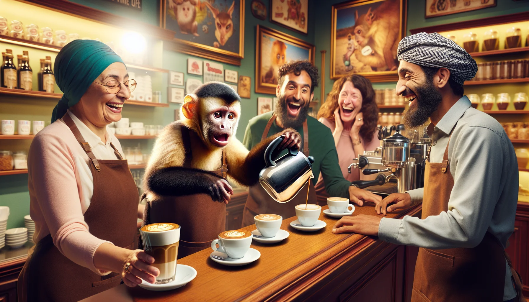 Imagine a humorous scene at an espresso cafe. A capuchin monkey clad in a barista apron is standing behind the counter, expertly pouring a latte. The astonished customers, a diverse group of people including a Middle-Eastern woman, a Caucasian man, a Hispanic man and an African man, are laughing and taking pictures as they receive their expertly made coffees from the monkey barista. The warm, rich hues of the coffee and sparkles in the customers' eyes emphasize the inviting atmosphere of the shop. The walls, decorated with comical posters, add to the light-hearted ambiance.