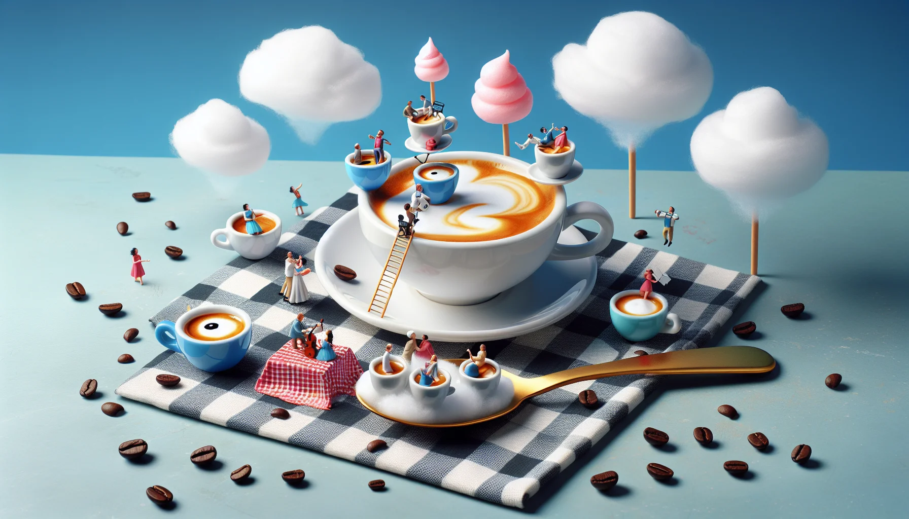Create a playful and charming scene filled with espresso cups presented in an amusing and unexpected scenario. Imagine that the espresso cups are personalities themselves, indulging in various activities like having a miniature picnic on a chequered cloth under a cotton candy cloud, or enjoying a tiny concert arranged on a spoon. Three espresso cups forming a pyramid while a fourth one is trying to climb shows teamwork. Another amusing touch could be an espresso cup trying to dive into a pool of milk foam. This joyful and surreal world of animated espresso cups is designed to bring laughter and entice people to enjoy their coffee.