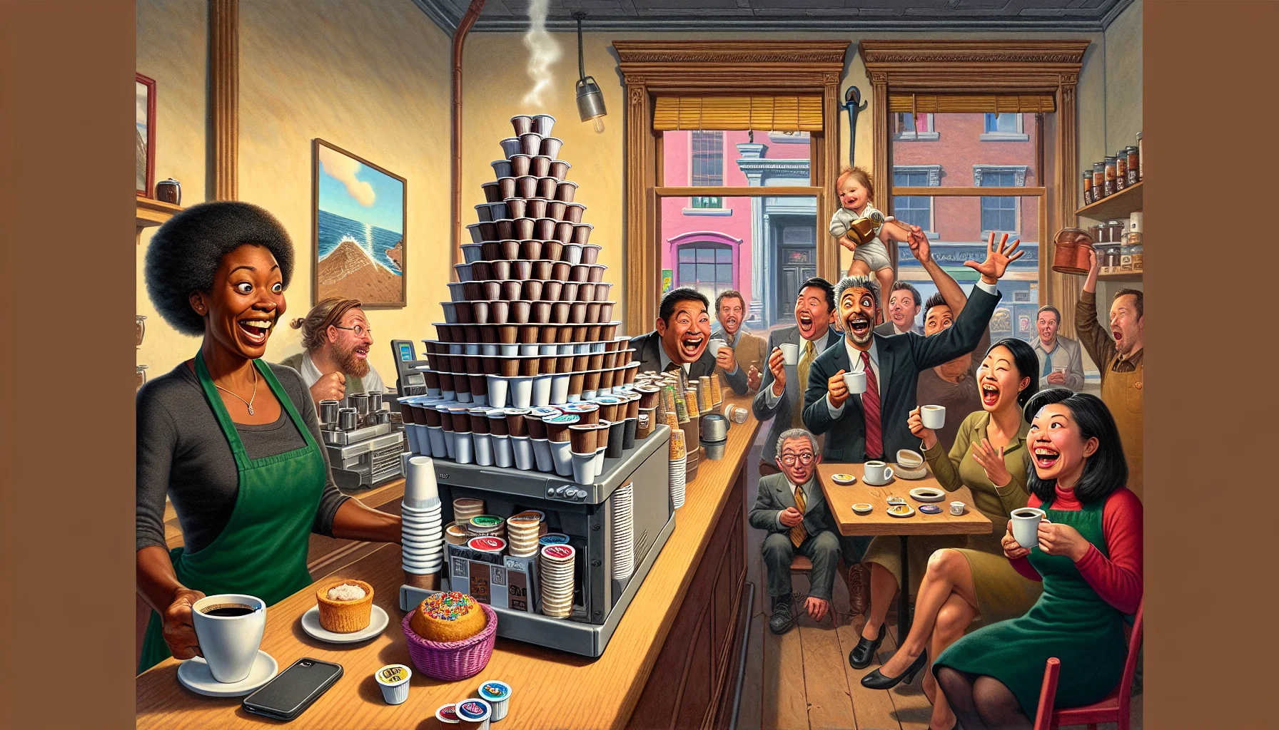 Picture a humorous, bustling scene at a tiny coffee shop. Full of life, color, and a dash of absurdity. On the counter, a pyramid of espresso K-cups teeters precariously, as a Black female barista with a witty t-shirt chuckles and prepares to add one more cup. Not too far off, an Asian man, wide-eyed with anticipation, holds a coffee mug eagerly. A Hispanic woman, clad in a business suit, is stifling a laugh as she watches this from her corner table with a pastry in hand. This delightful spectacle is surely compelling anyone to join in the coffee enjoyment.