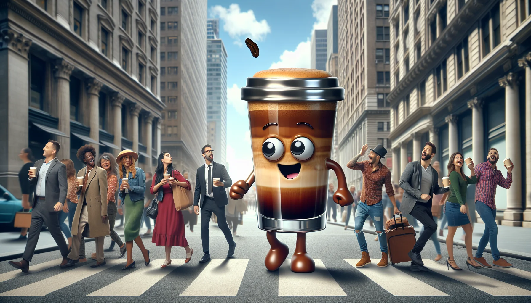 Create an amusing and realistic scene in which an espresso lungo takes on human characteristics. This espresso lungo, in the form of a cartoon character, is enticing passerby to come and take a sip. The coffee character is in a setting typical of a bustling city, with tall buildings as a backdrop and people from diverse descents such as Hispanic, Caucasian and South Asian, all visibly intrigued by this unique spectacle. To add to the fun, the espresso lungo is performing a joyful dance while exuding tempting coffee aroma, captivating maximum attention. The entire scenery should radiate positivity, encouraging people to indulge in the flavorful delight of espresso lungo.