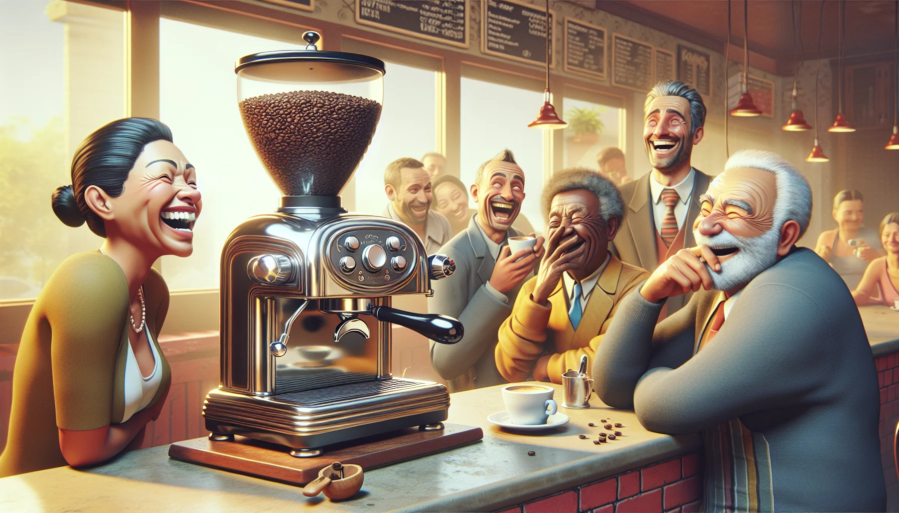 Visualize a humorous scene in a cafe setting. A vintage-style espresso machine, polished to a brilliant shine, stands on the countertop. Next to it is a grinder, overflowing with fragrant, freshly ground coffee beans. The espresso machine and grinder are whimsically animated and seem to be entertaining a diverse group of amused customers. A Hispanic woman, chuckling heartily, waits for her drink while a Middle-Eastern man, barely suppressing his laughter, takes a sip of his coffee. An elderly Caucasian gentleman silently watches the comedic spectacle, a broad smile on his face.