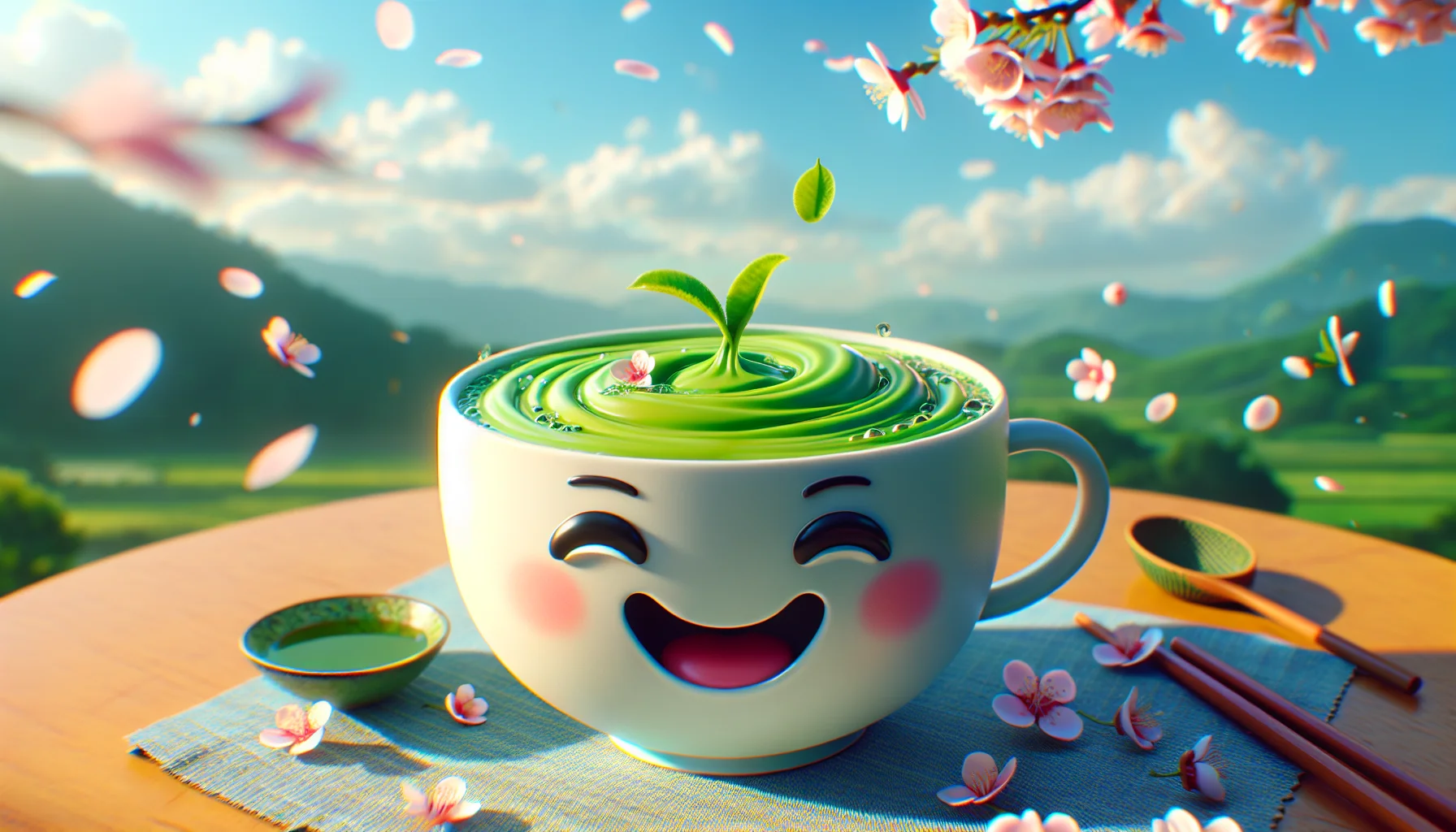 Render a humorous scenario that originates from Japan, featuring a cup of green tea. Depict a smiling Japanese tea cup looking enticing, as if inviting people to enjoy its warmth. The scene is peaceful and joyful; cherry blossoms are floating in the background, and perhaps a gust of wind has made the tea ripple in the cup. Render the colors naturally but with an emphasis on the vibrant green of the tea, eliciting a sense of freshness and health.