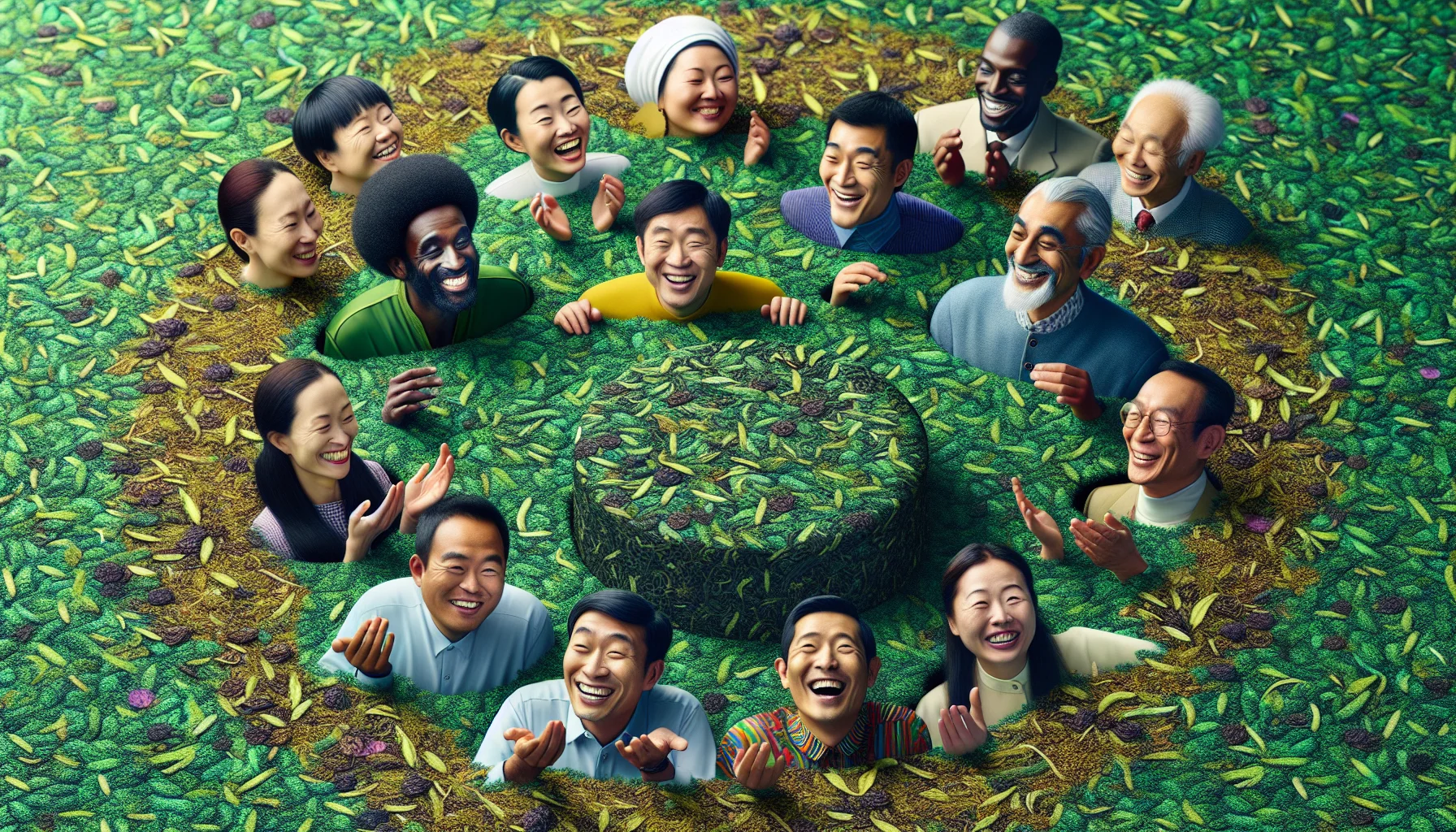 Create a vivid image showing a peculiar scene. Picture an unconventional mattress made entirely from green tea leaves. The mattress exudes a refreshing aroma that is attracting a diverse group of people towards it. There are Caucasian, Black, Asian and Hispanic individuals, of both genders, all smiling broadly, drawn irresistibly to the mattress. Some are attempting to dive into it, while others are gently resting their hands on it, savouring its unusual texture. The scenario is depicted in an amusing, humorous way that highlights the unique appeal of the green tea mattress.