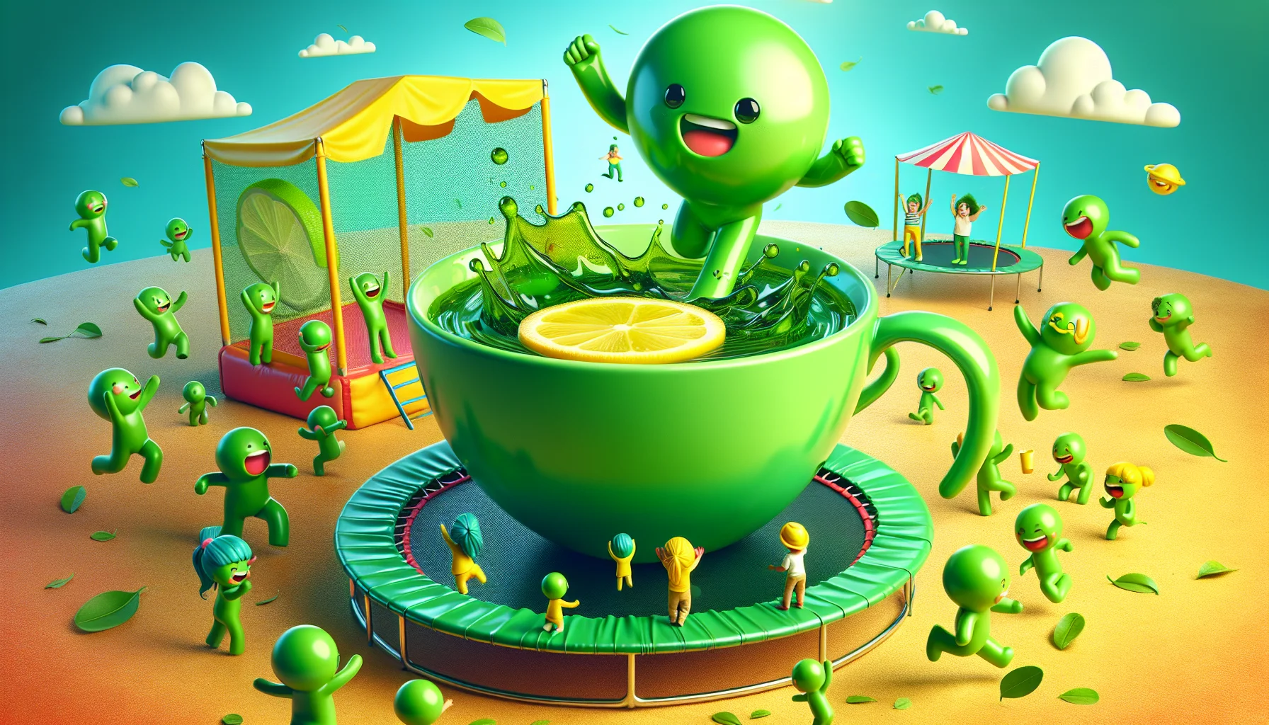 Create a surreal image where a bright green tea cup with a glossy texture, filled to the brim with steaming green tea and a slice of yellow lemon floating on the surface, is cheerfully interacting with a group of mini cartoon-style humans. The adventurous tea cup is energetically jumping on a trampoline, splashing tiny drops of green tea that the mini humans are trying to catch with their cups, their faces filled with excitement and laughter. The whole scene is set in a colorful park under a clear blue sky. The image gives a lively, enticing feeling, encouraging people to have fun and enjoy green tea with lemon.