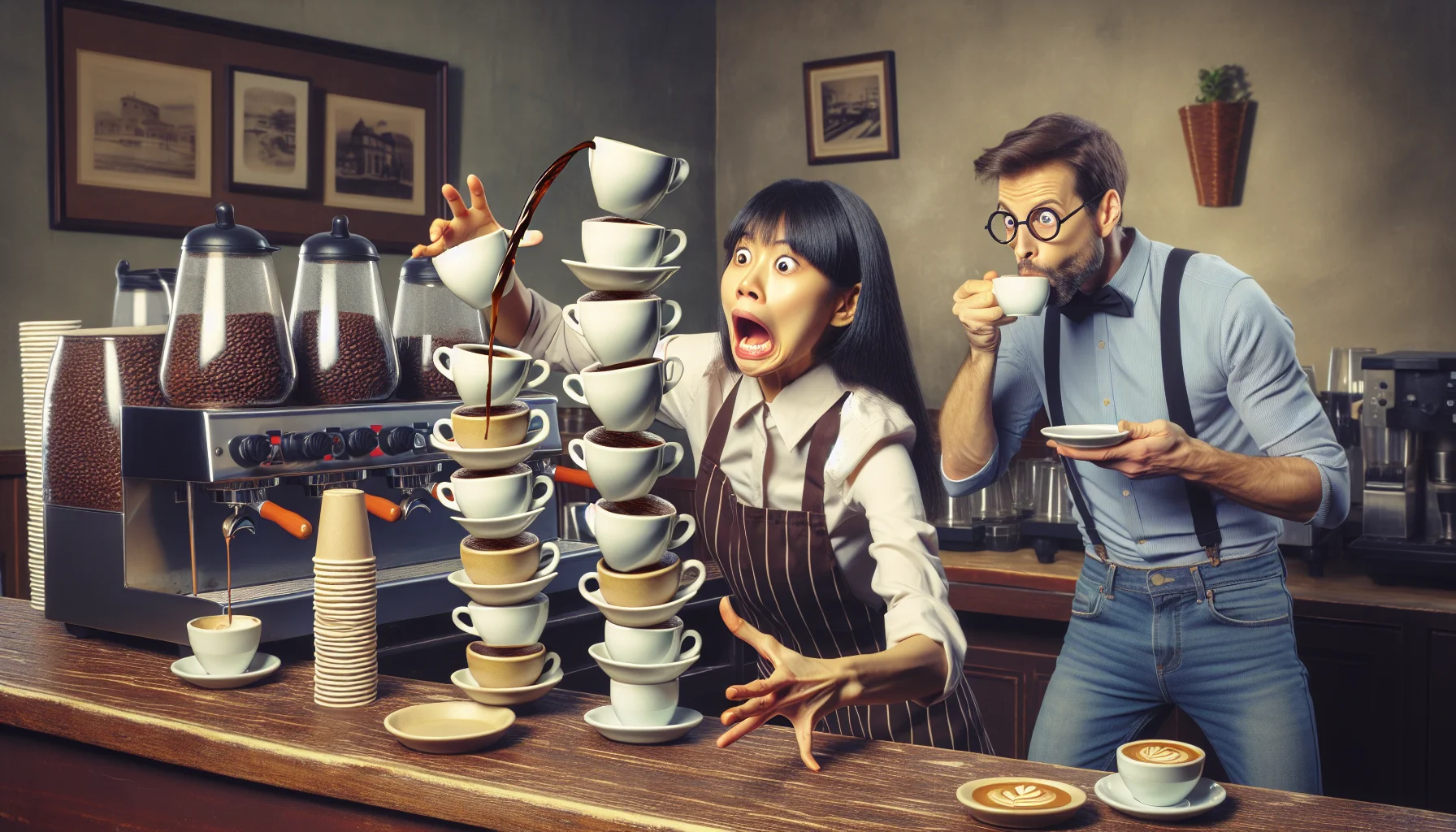 Create an image of a humorous scene inside a coffee shop. Envision a South Asian female barista attempting to balance multiple cups of coffee in a precarious manner, just on the verge of spilling but not quite there yet. She has wide eyes and an exaggerated expression of concentration as if performing a balancing act, immediately capturing attention. Next to her, a Caucasian man trying to sip his coffee nonchalantly yet unable to hide his amusement. With the coffee machines humming softly in the background, and the wonderful aroma of freshly brewed coffee filling the room, the scene is filled with inviting warmth and fun.