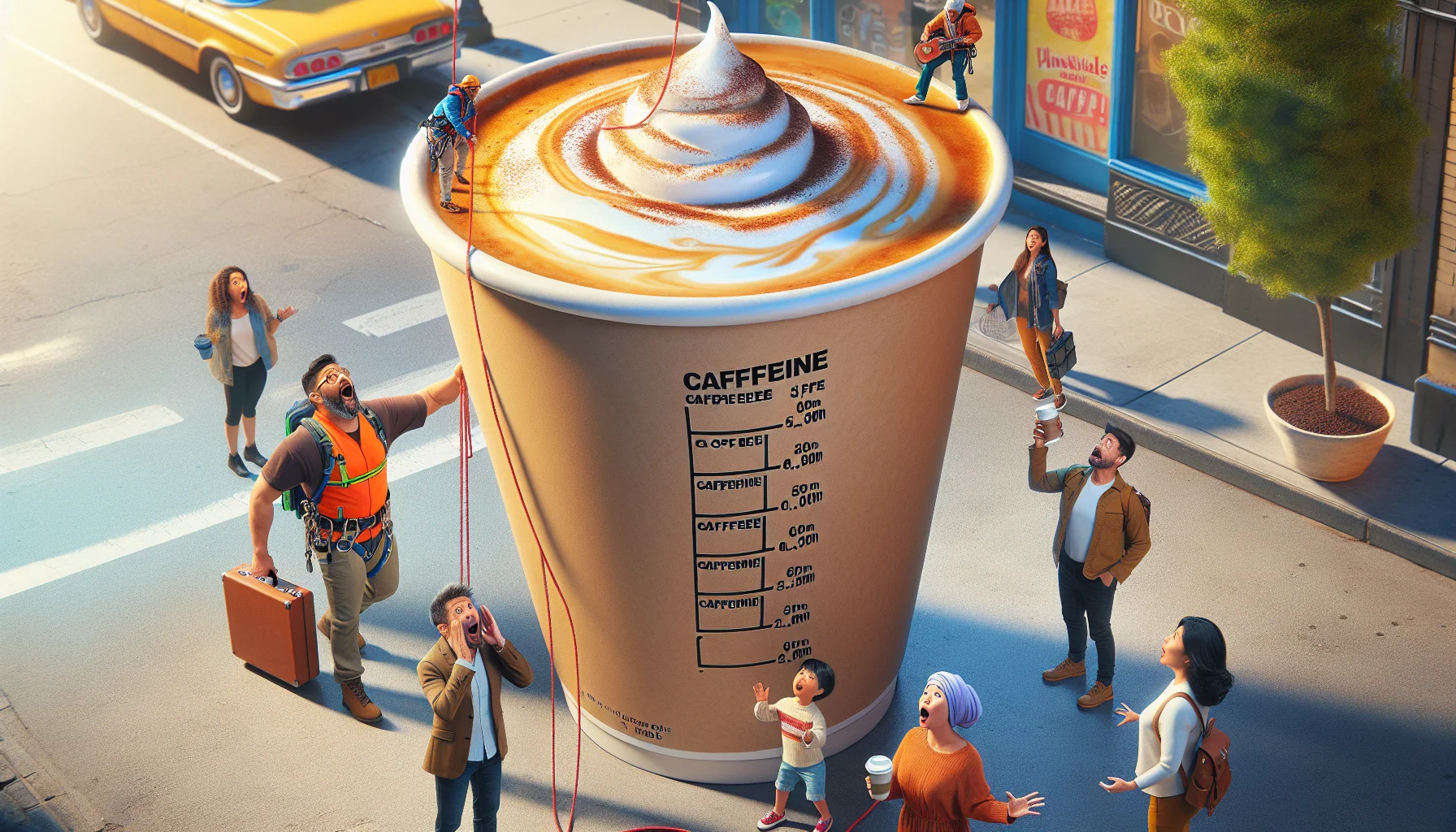 Create a humorous, realistic image about caffeine in a latte. Picture a giant-sized latte on a city street with small, human sized people astounded by its size. The latte overflows with frothy milk, and the towering tower of caffeine is humorously labeled with measurements indicating an exaggeratedly high caffeine content. In the scene, depict individuals of diverse descent: a Middle-Eastern woman and Hispanic man showing surprise while an Asian man is excitedly getting ready to climb up the giant coffee cup with a climber's harness. Everyone is geared up to tackle the day with this monster latte. Let the surroundings be colorful and vibrant, hinting an early morning scene with sunshine hitting the brew.
